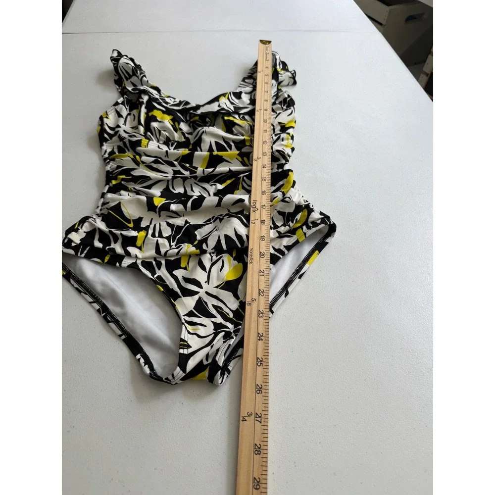 DKNY Womens Small One Piece Swimsuit Black White Yellow Floral  Tummy Control - Picture 5 of 13